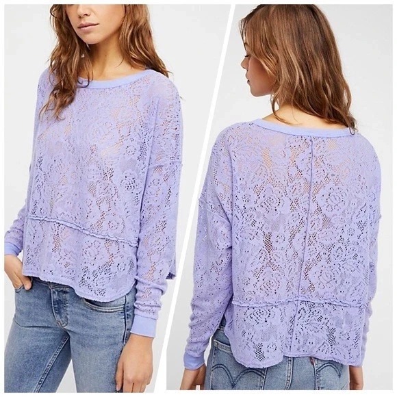 Free People Tops - Free People Glacier Not Cold Sheer Lace top LG open knit‎ long sleeve oversized